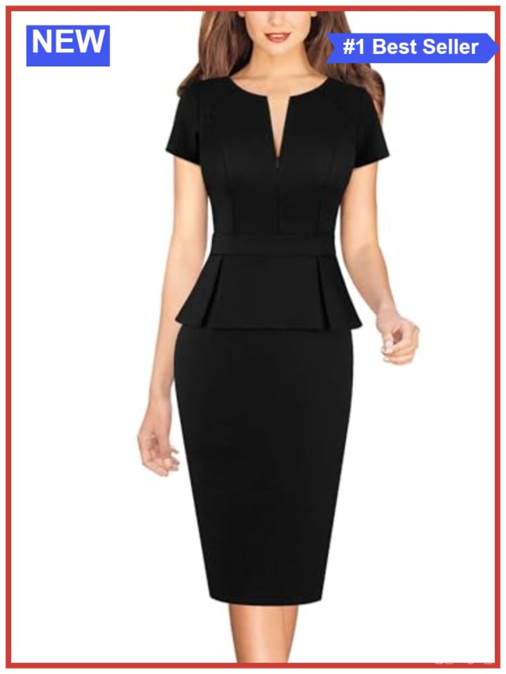 Peplum Sheath Pencil Dress Front Zipper Short Sleeve Work Office Business Casual